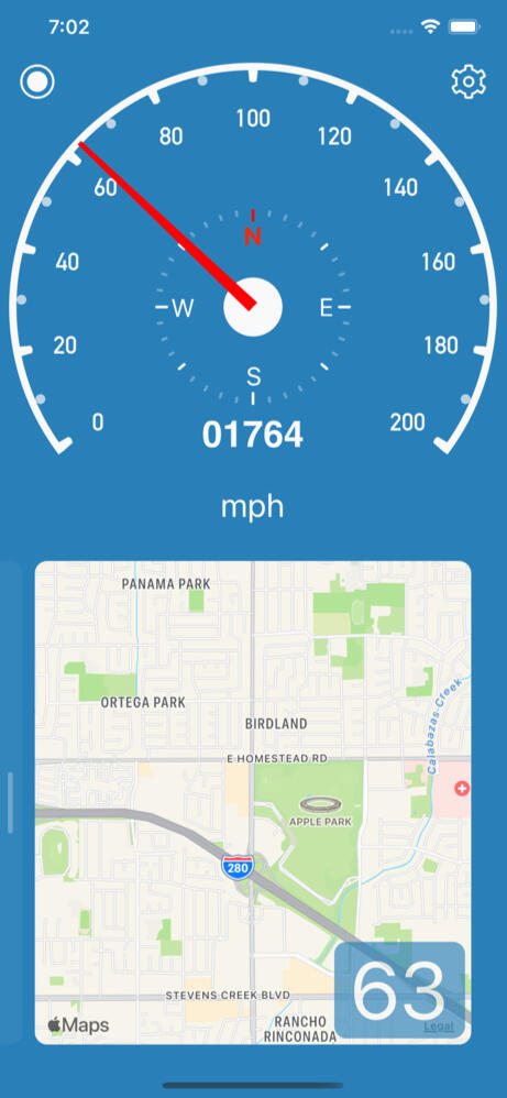Speedometer Simple real screenshot: blue theme with dial, compass, live map, and speed readout